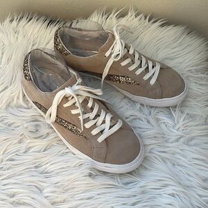 Madewell Sidewalk Low-Top Sneakers in Glitter-Accented Tan Suede Size 10